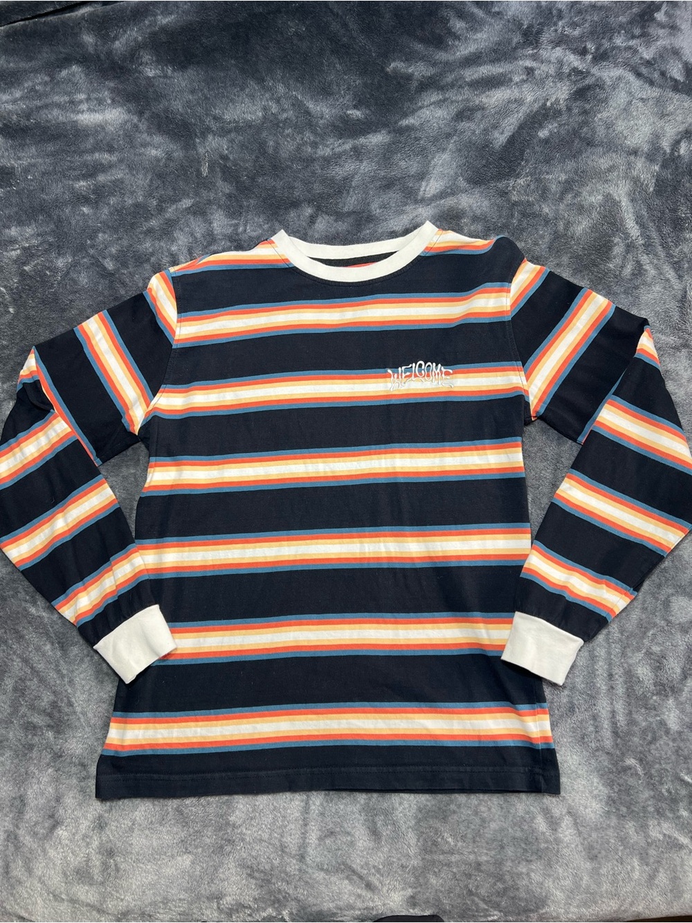 Mens Striped Long-Sleeve Welcome Tee in Navy, Orange & White